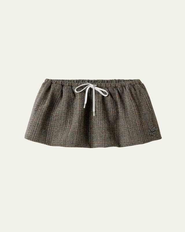 Drawstring Wool Herringbone Mini Skirt
